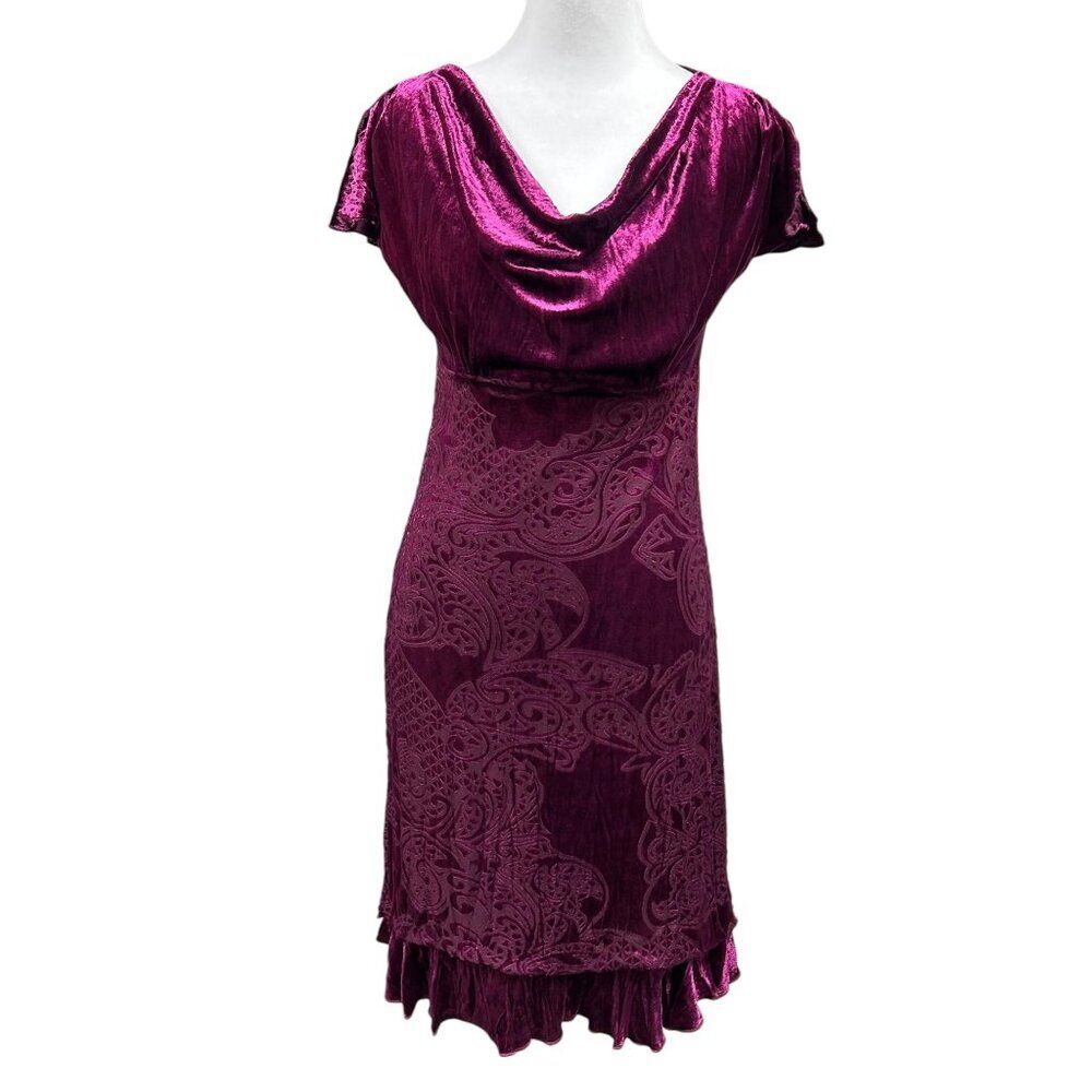 Vintage CDC Velvet Burnout Drap Neck Ruffle Slit Sleeve Mini Dress Sz 6P